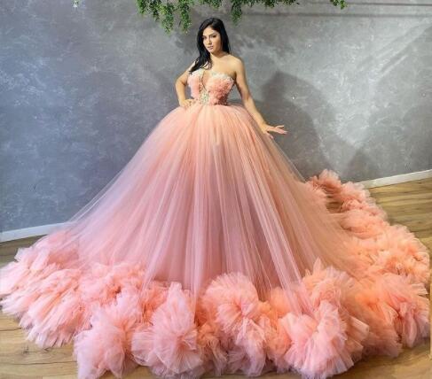 Strapless Layered Tulle Prom Dresses Hot Pink Ball Gown uk 2023 – Yelure UK